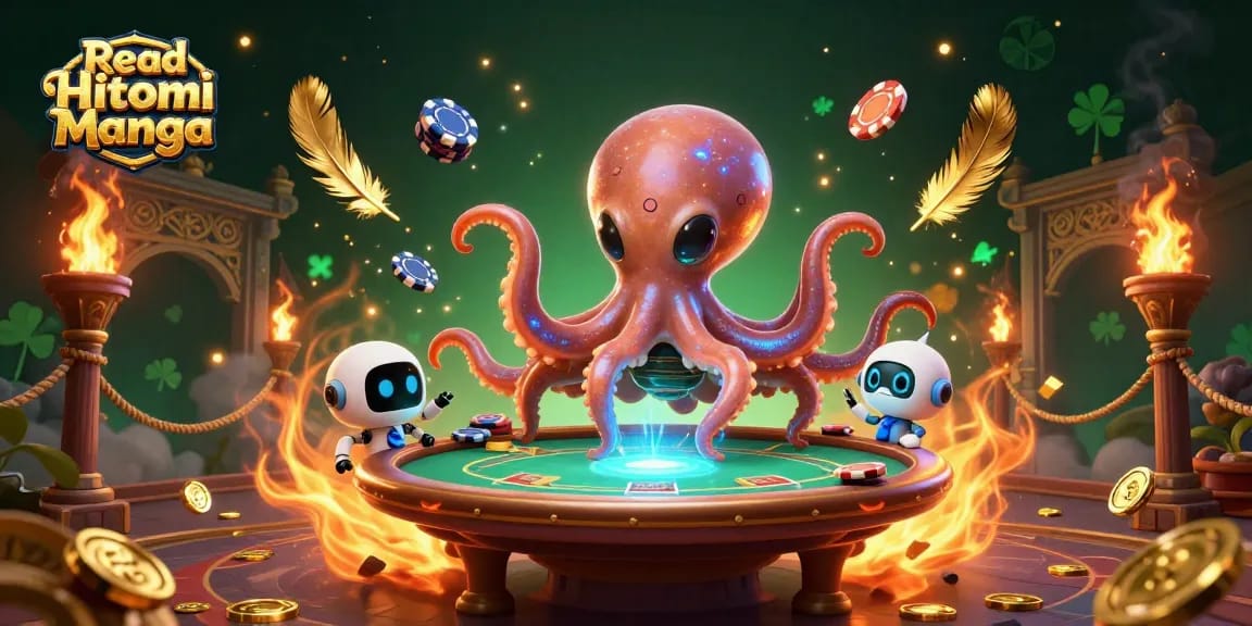 Engage in thrilling gaming excitement as you Read Hitomi Manga with an octopus dealer at a cosmic poker table.