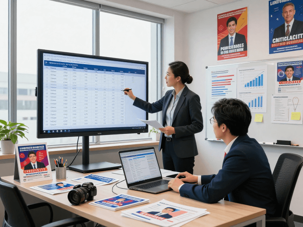 Political SMS compliance visualized in a campaign office with voter data analysis.