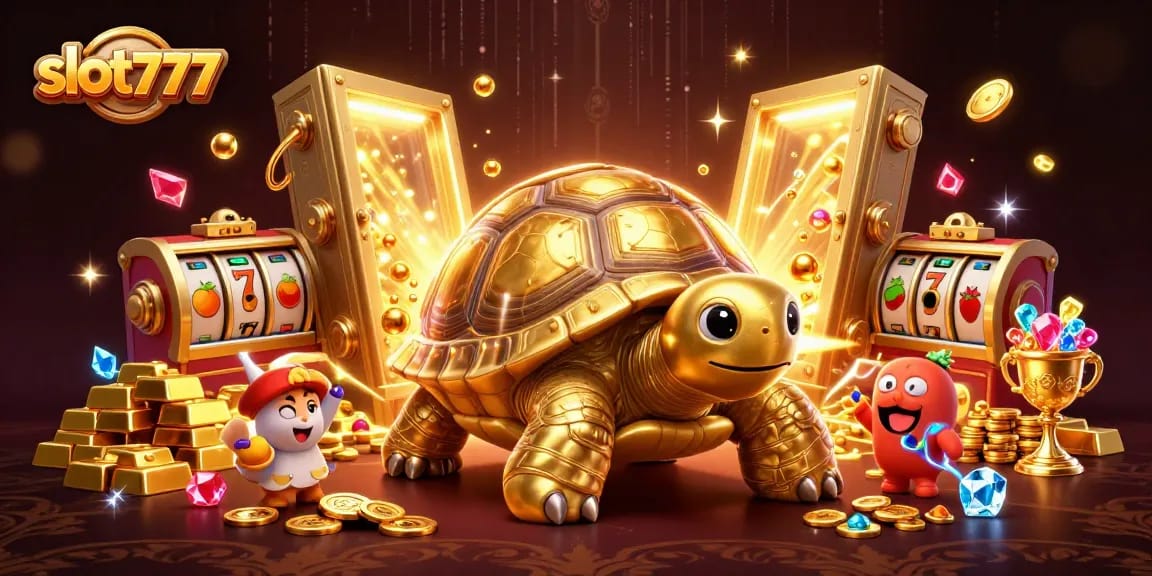 Play thrilling slot777 games in a vibrant casino scene with golden treasures and animated characters.