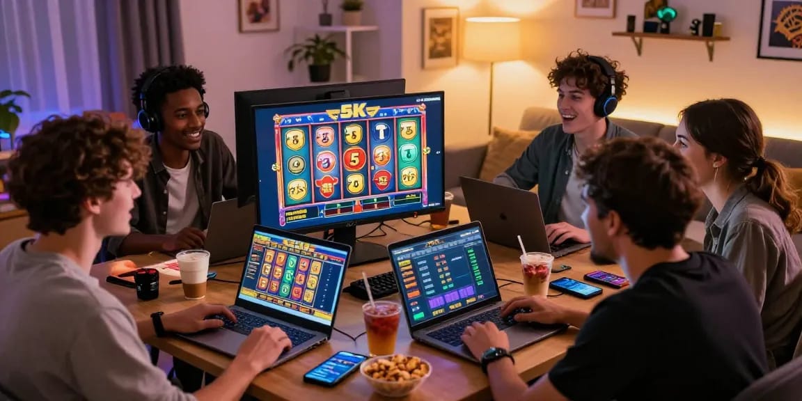 Friends playing slot modal 5k online game on computers, enjoying an exciting gaming atmosphere.