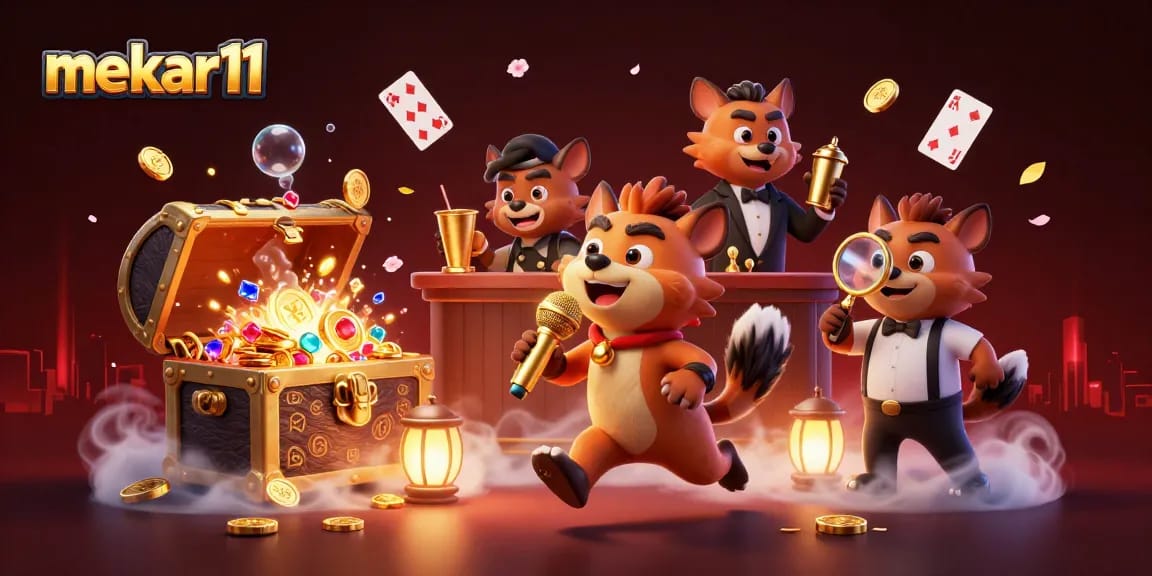 Mekar11 offers thrilling casino entertainment featuring hyenas in a vibrant comedy club.
