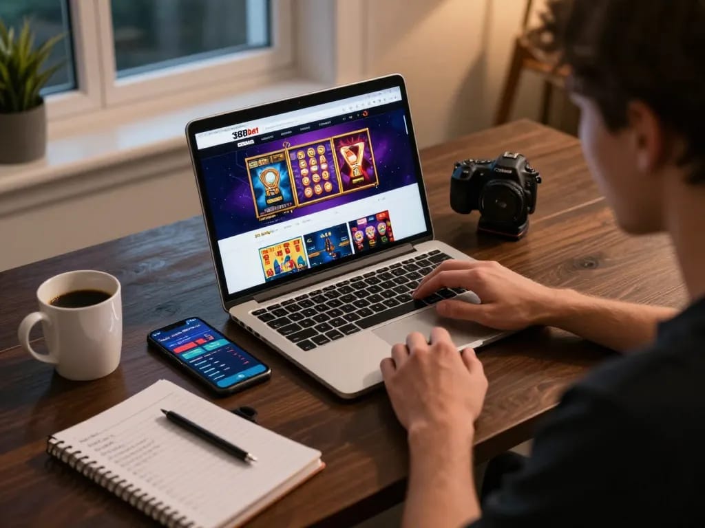Engaged player using 388bet on a laptop for online gambling strategies and bankroll management.