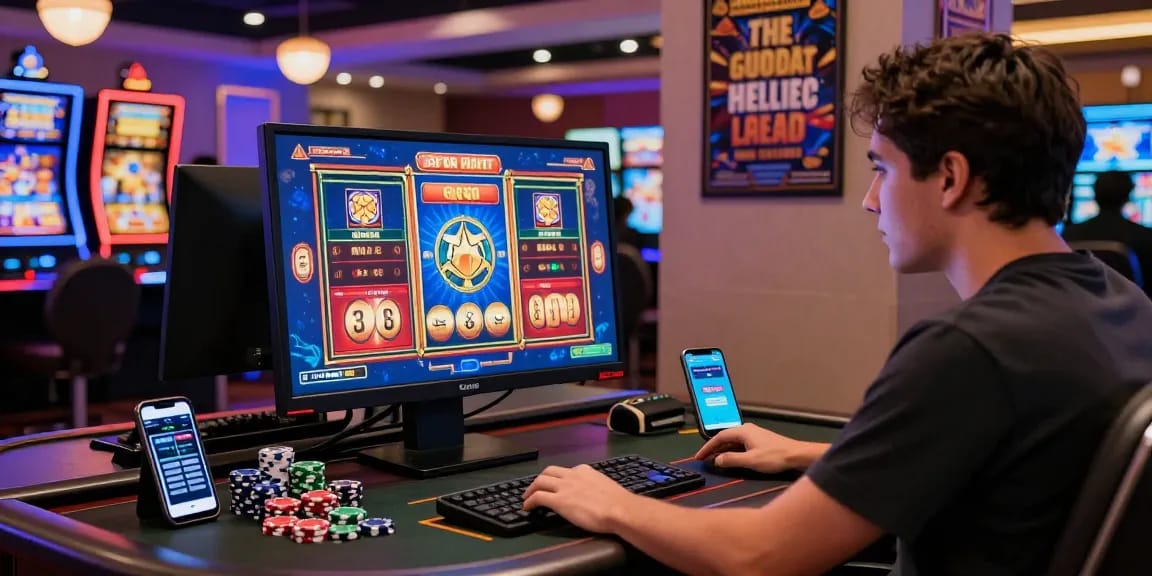 Engaged player enjoying a thrilling online slot gacor game at a colorful gaming desk with chips and smartphone.