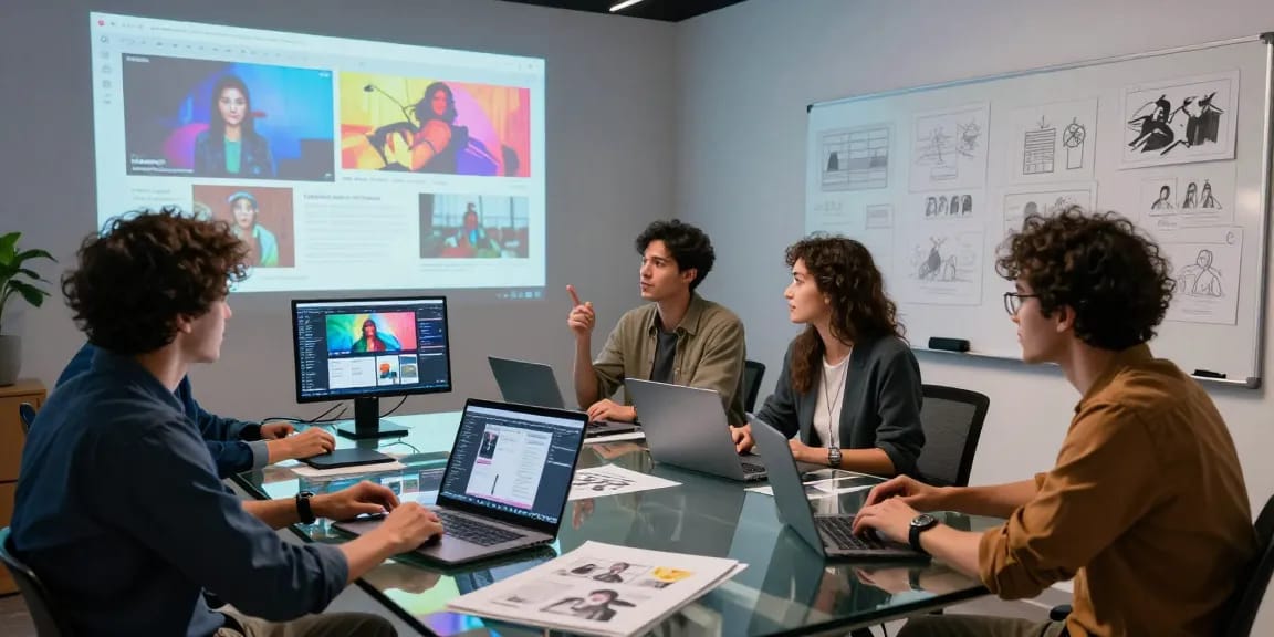 Team collaborating on ai video prompt generation in a modern studio with technology.
