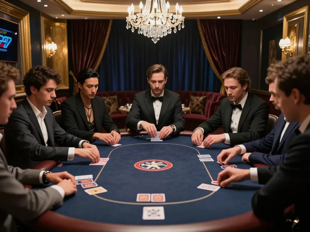 Engaged players participating in a high-stakes poker game at dagelan4d, showcasing luxury and excitement.