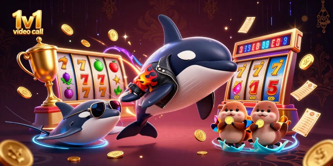 A thrilling 1v1 video call experience featuring playful sea creatures surrounded by slot reels and golden coins.