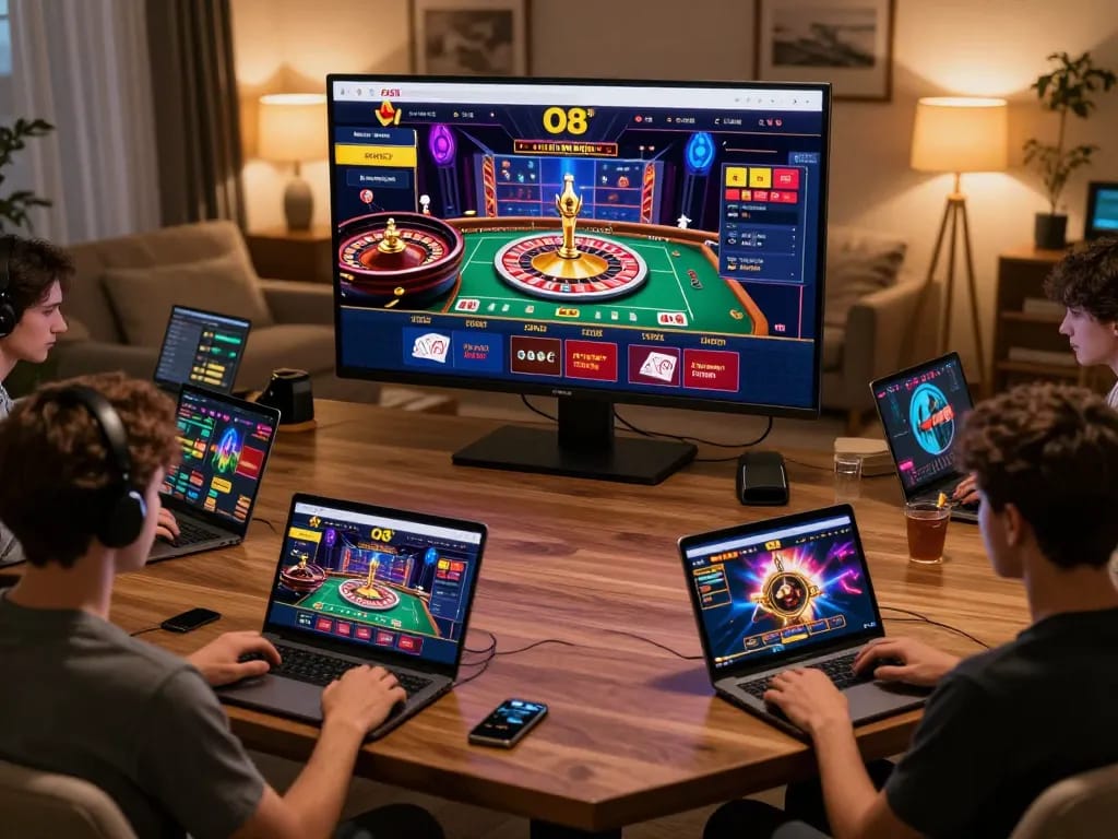 O8 online casino gaming interface showcasing live dealer games and player engagement.