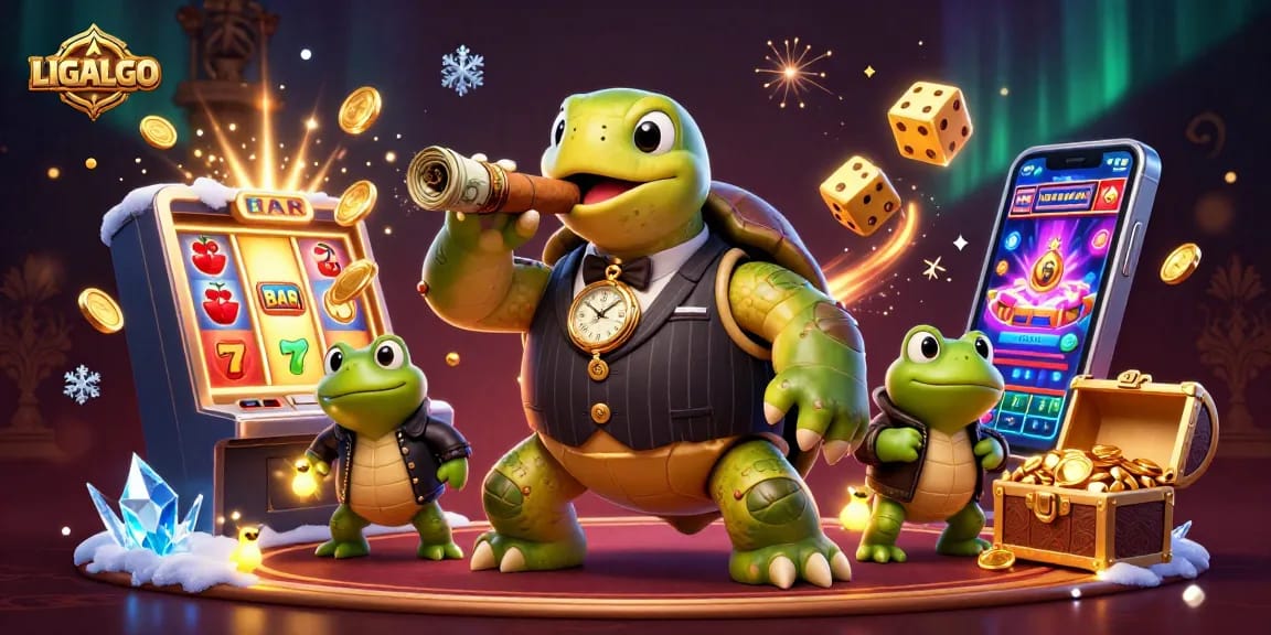 LIGALGO showcases a dynamic casino scene with a snapping turtle and bullfrog enforcers amidst a jackpot explosion.