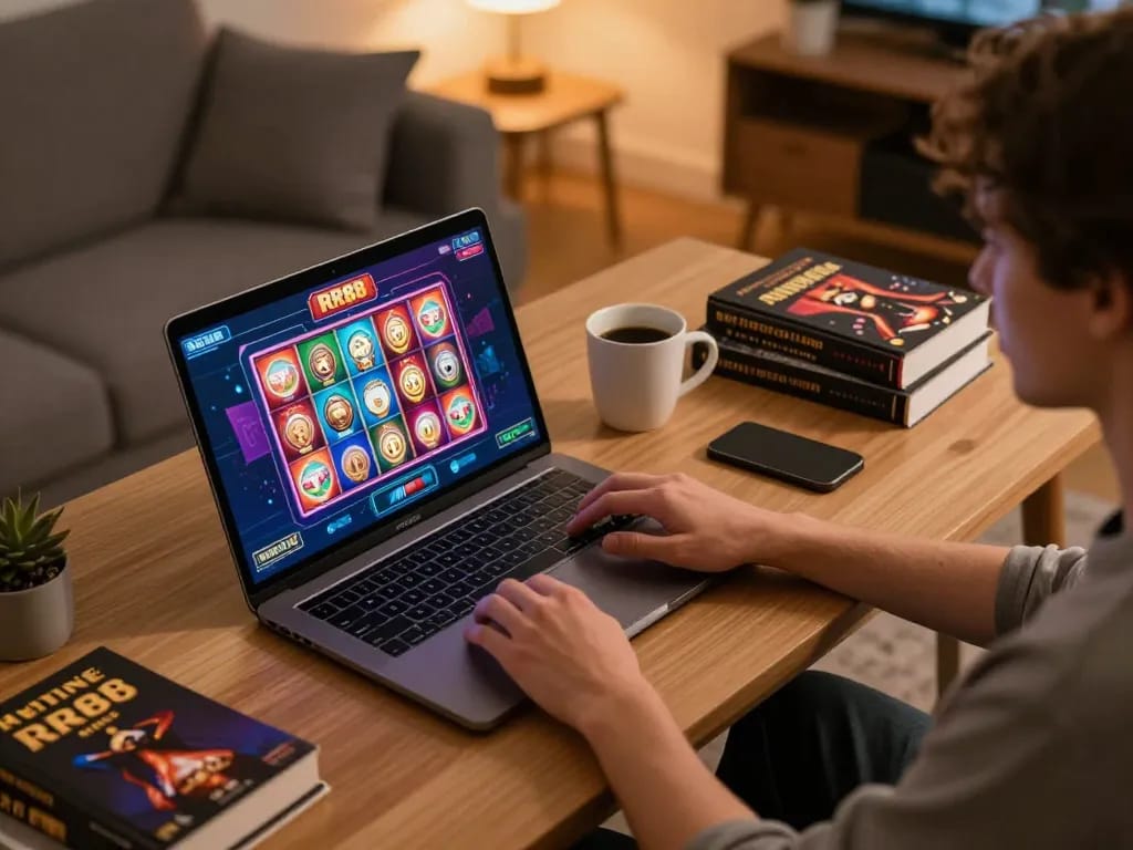 Engaging online gaming experience with RR88 platform, showcasing a player focused on their laptop screen while strategizing.