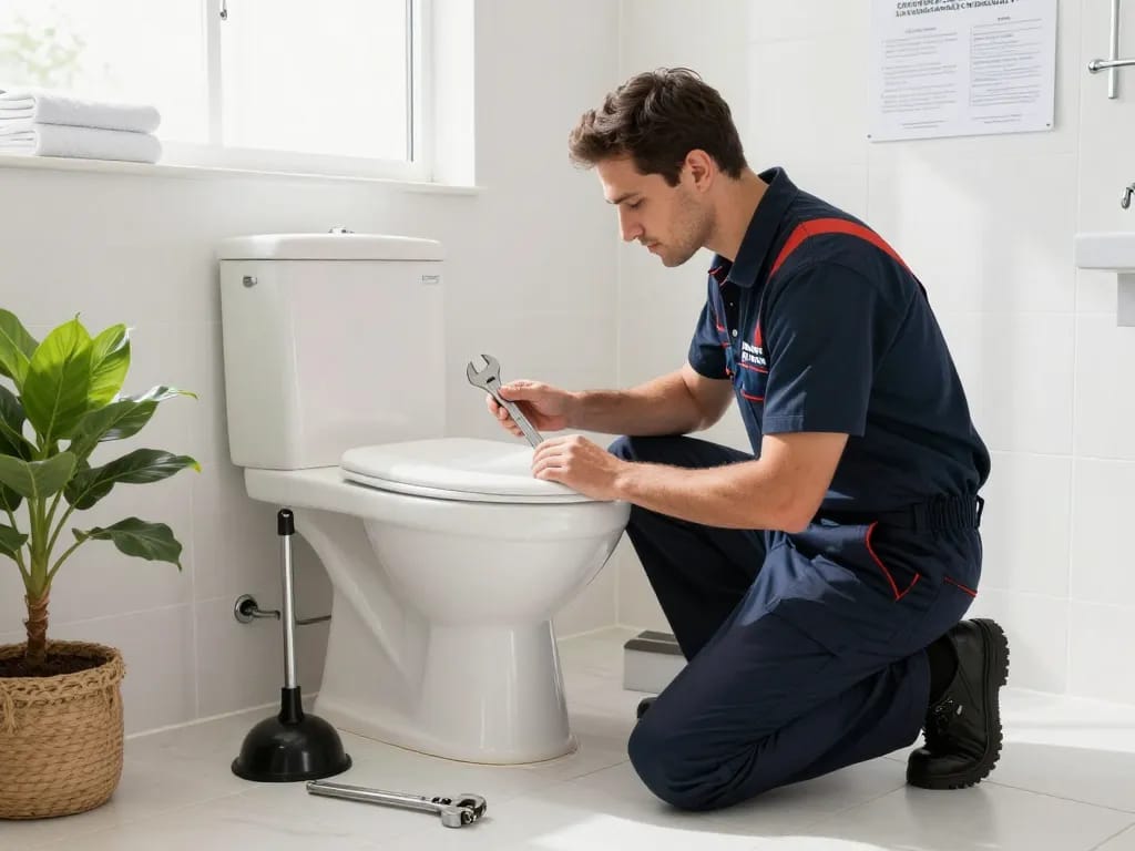 Apex Plumbing Services Greater Sydney plumber inspecting a modern toilet for repairs in a bright bathroom, showcasing professionalism and expertise.
