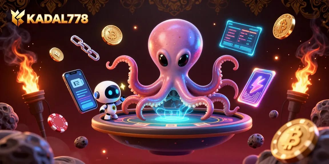 KADAL778 attracts players with a cosmic poker scene featuring an alien octopus and robot amidst cryptocurrency elements.
