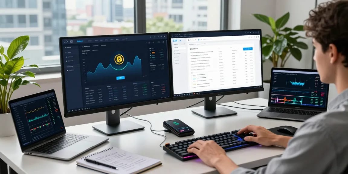 Regulated crypto mining platform workspace with advanced trading tools and blockchain interfaces.