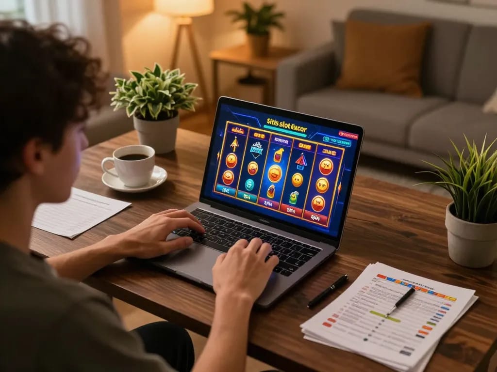 Player engaging with situs slot gacor on a laptop while reviewing betting strategies at home.