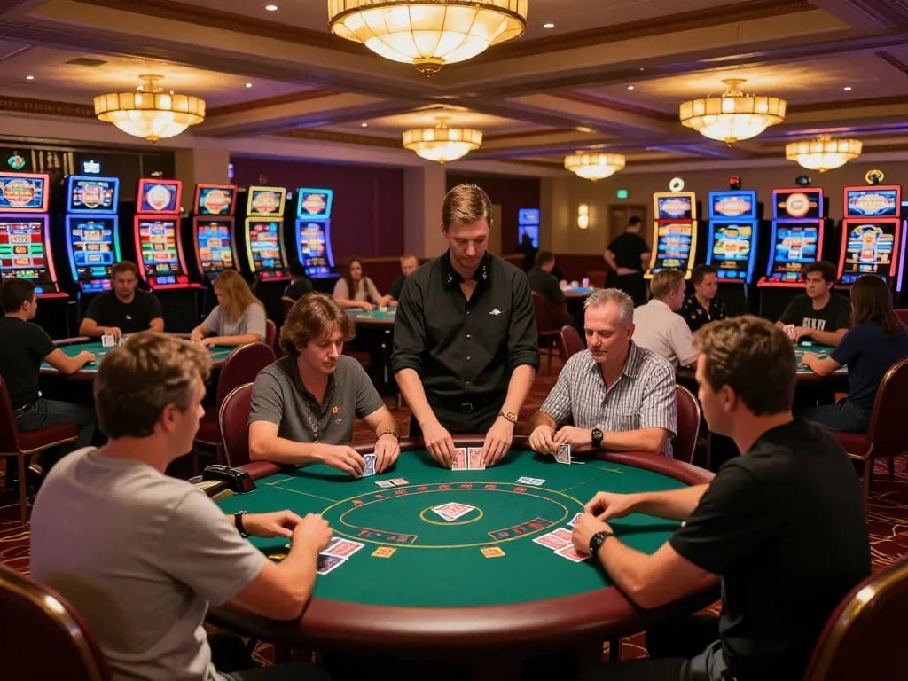 Players enjoying an exciting evening at 789 club's upscale casino floor with poker tables and slot machines.