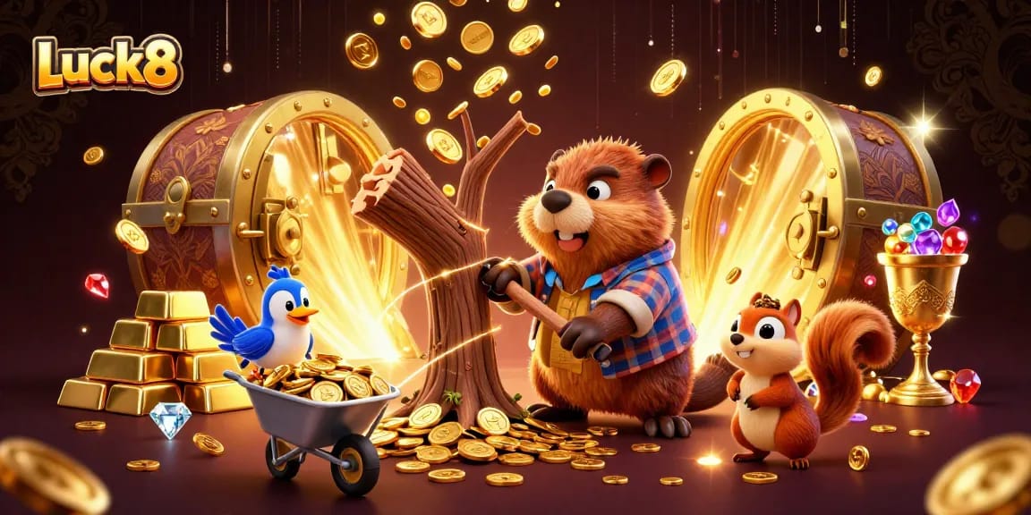 Engage with Luck8's vibrant 3D scene of a lumberjack beaver in a gold coin rain, perfect for casino enthusiasts.