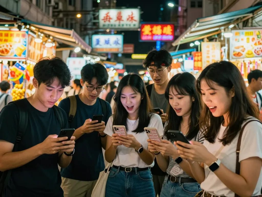 Friends celebrating as they check HK Malam Ini lottery results in a vibrant Hong Kong night market.