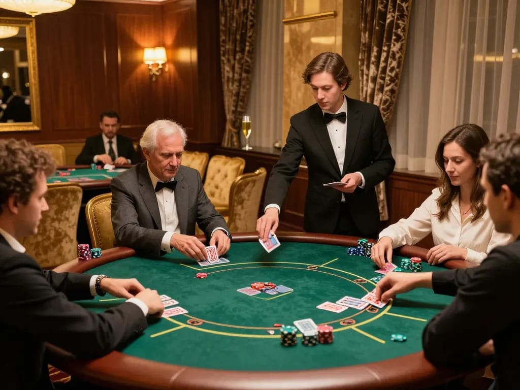 Players strategizing at sv368 VIP poker table in an upscale casino setting, showcasing luxury and excitement