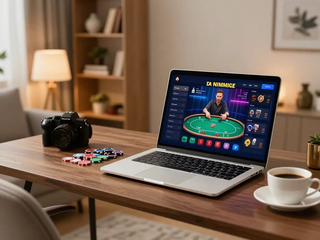 Engaging in a white label casino online poker game at a stylish home office, emphasizing responsible gaming and strategic analysis