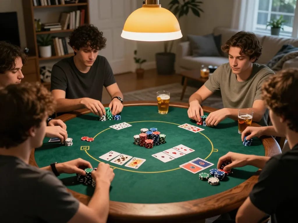 A social poker night with friends playing at home, showcasing 58wiin atmosphere and strategic gameplay.