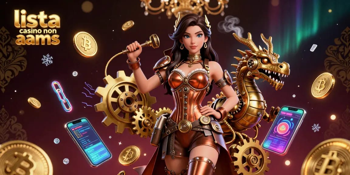 Interagisci con la lista casino non AAMS in questa dinamica immagine 3D che mostra elementi crypto e un'ambientazione steampunk.
