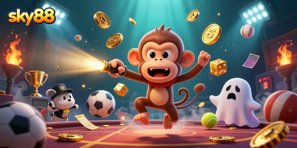 Experience the excitement of sky88 as the poltergeist monkey juggles coins and cards in a lively casino setting.