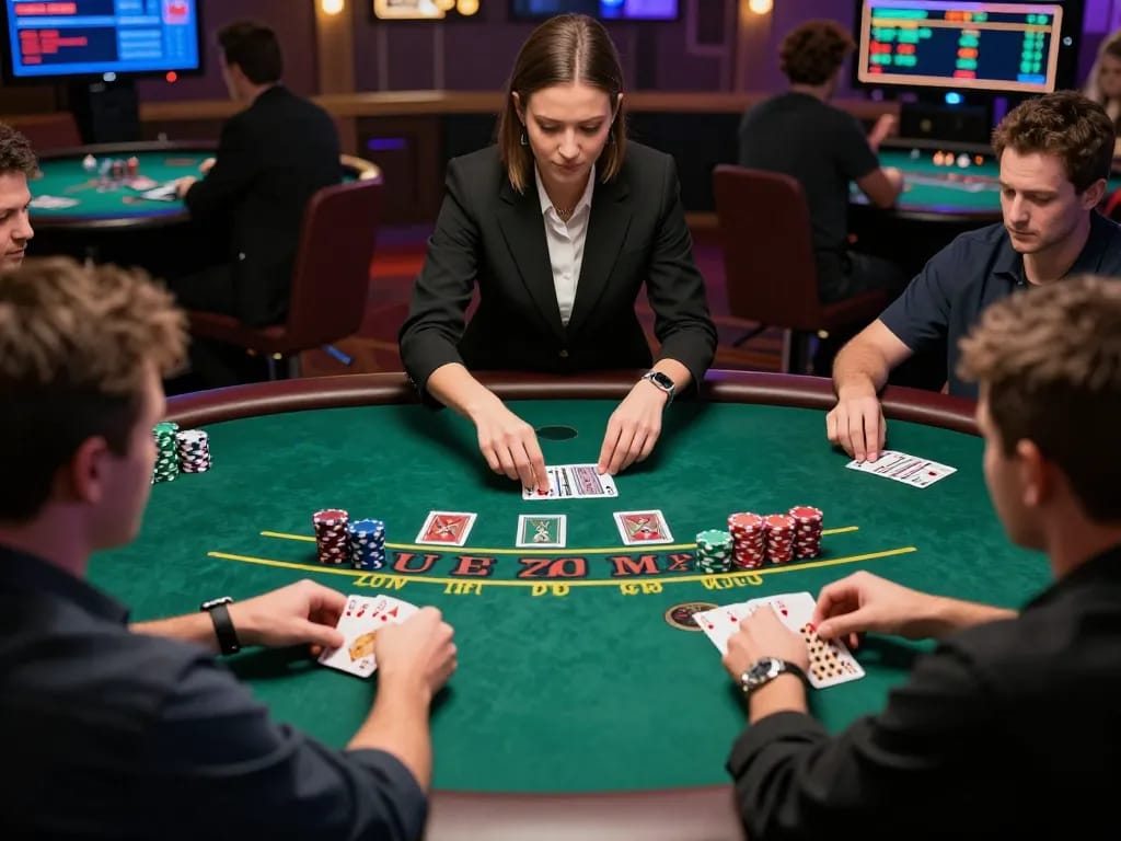 Players strategizing during an intense game of blackjack at an online casino, showcasing the thrill of gambling with nhacaiuytinn.