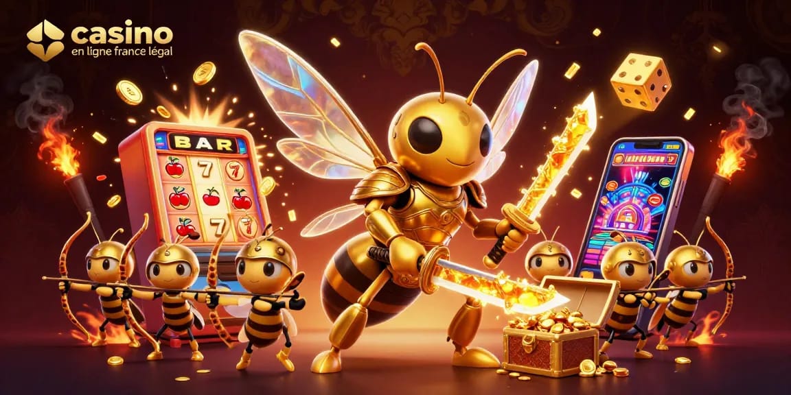 Tableau vibrant de jeux de casino présentant un casino en ligne légal en France avec des éléments dynamiques, des machines à sous et des effets lumineux.