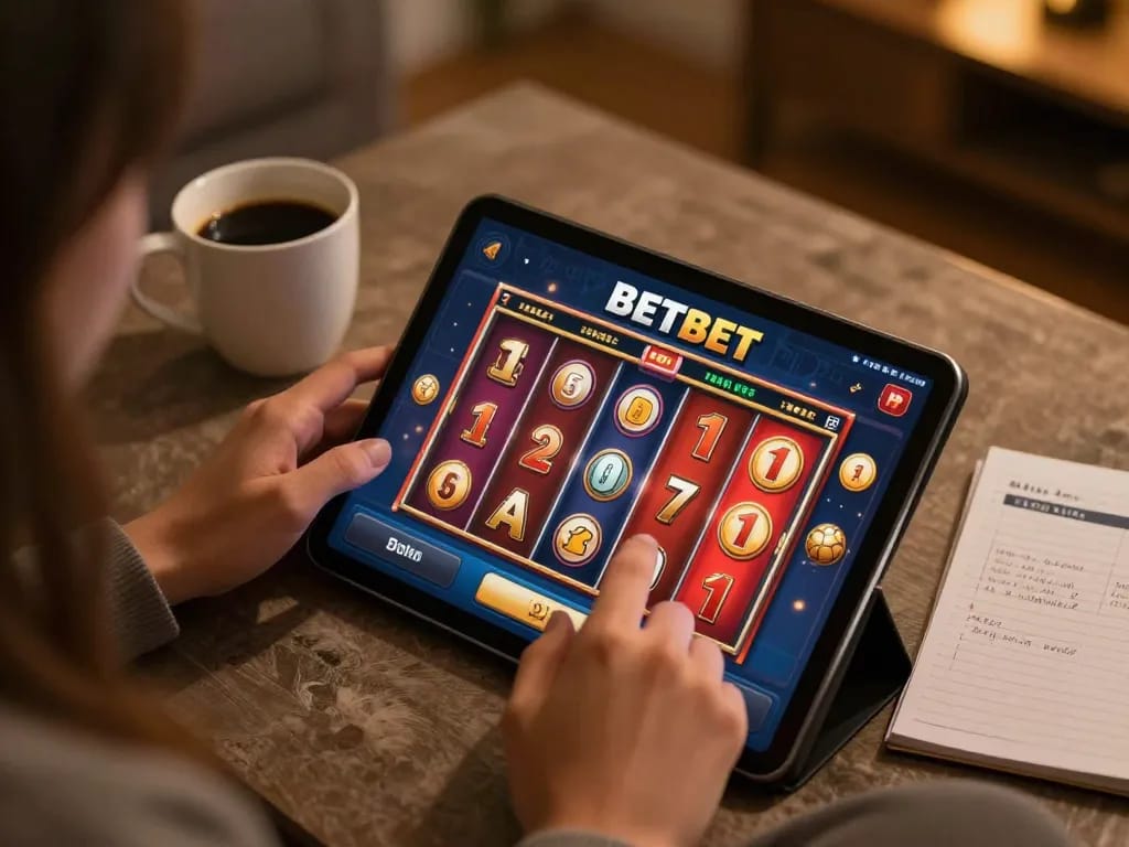 Engaging scene of a player interacting with the BETBET mobile app for an exciting slot gaming experience.
