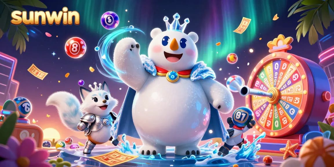 Experience the thrill of sunwin with vibrant lottery-themed characters and dynamic gambling elements.