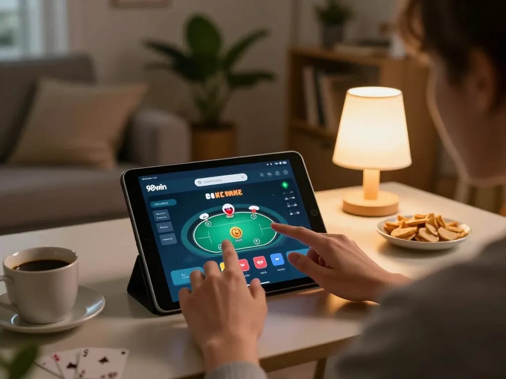 Engaging with the 98win app for online poker from a cozy home environment.