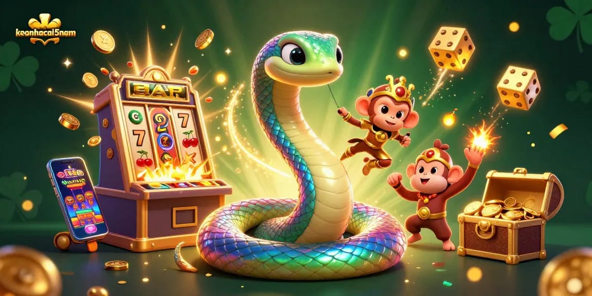 Experience the thrill of keonhacai5nam with vibrant characters and explosive jackpot action in this dynamic casino illustration.