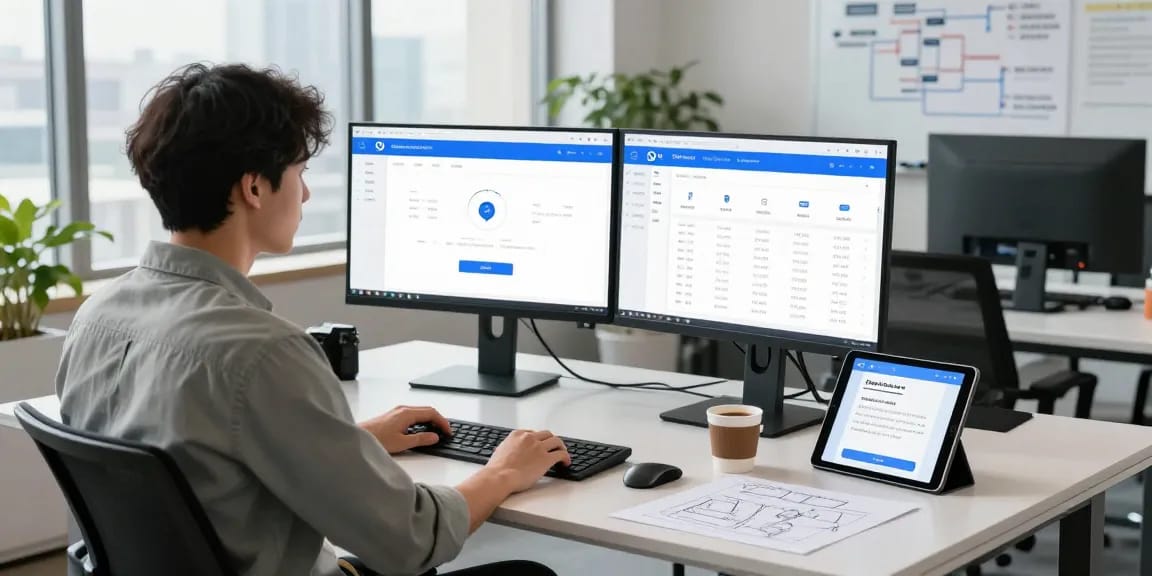 Age verification system interface displayed on dual monitors in a professional tech office.