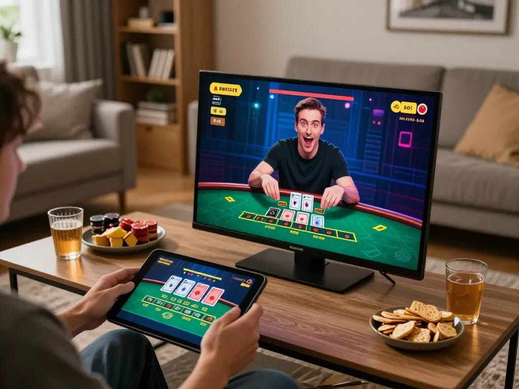 Engaged player experiencing live dealer blackjack at home, representing sun win excitement in online gambling.