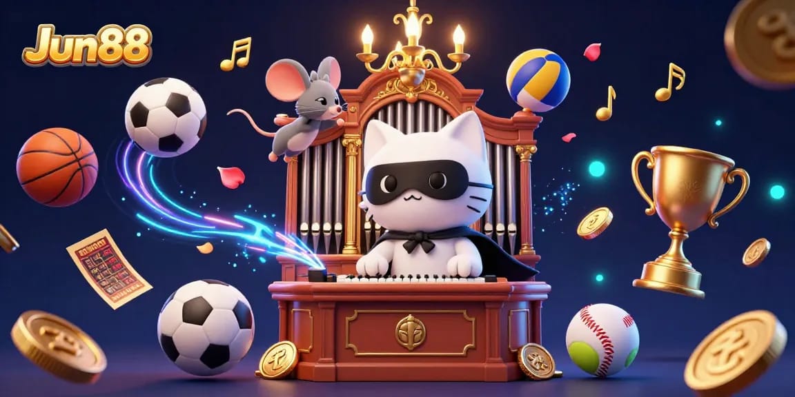Experience thrilling gaming at Jun88 with a lively scene featuring a charming cat and mouse acrobat.