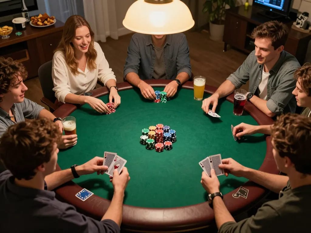 Friends enjoying a thrilling poker night with RR88, showing focused gameplay and colorful chips.