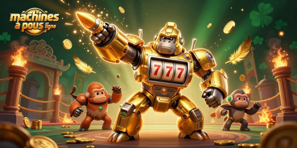 Jouez aux machines à sous en ligne avec cette illustration amusante mettant en vedette un gorille en mécha d'or.