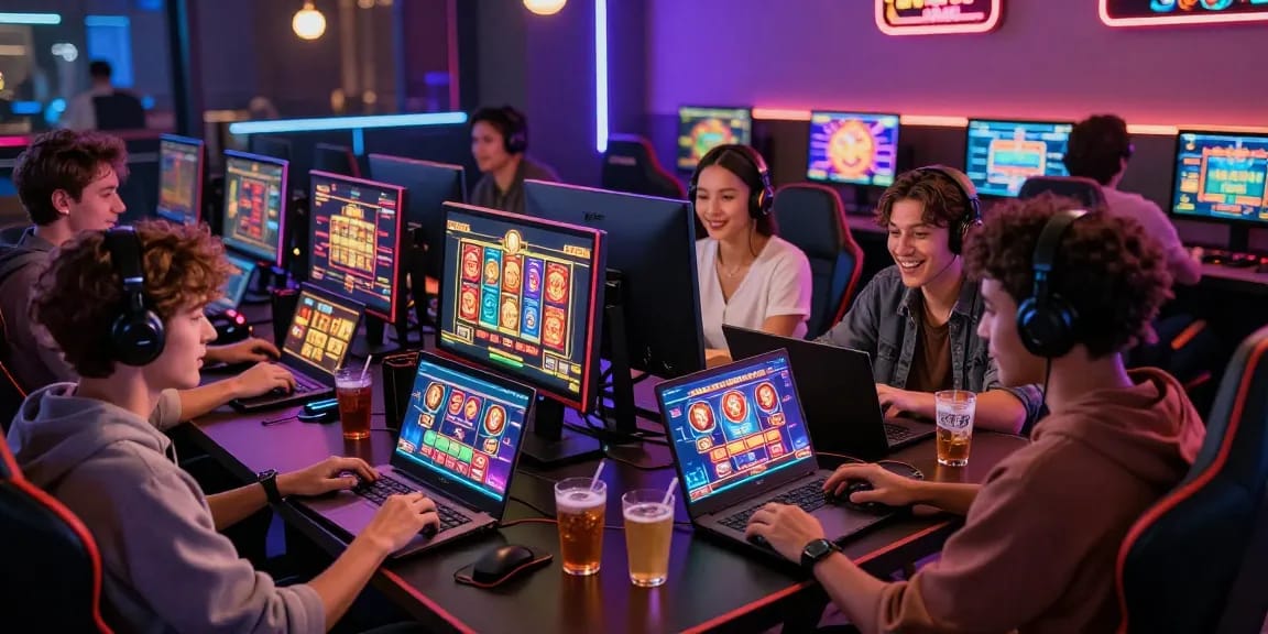 Environnement de jeu de casino en ligne fiable avec des amis profitant de jeux de casino en ligne vibrants.