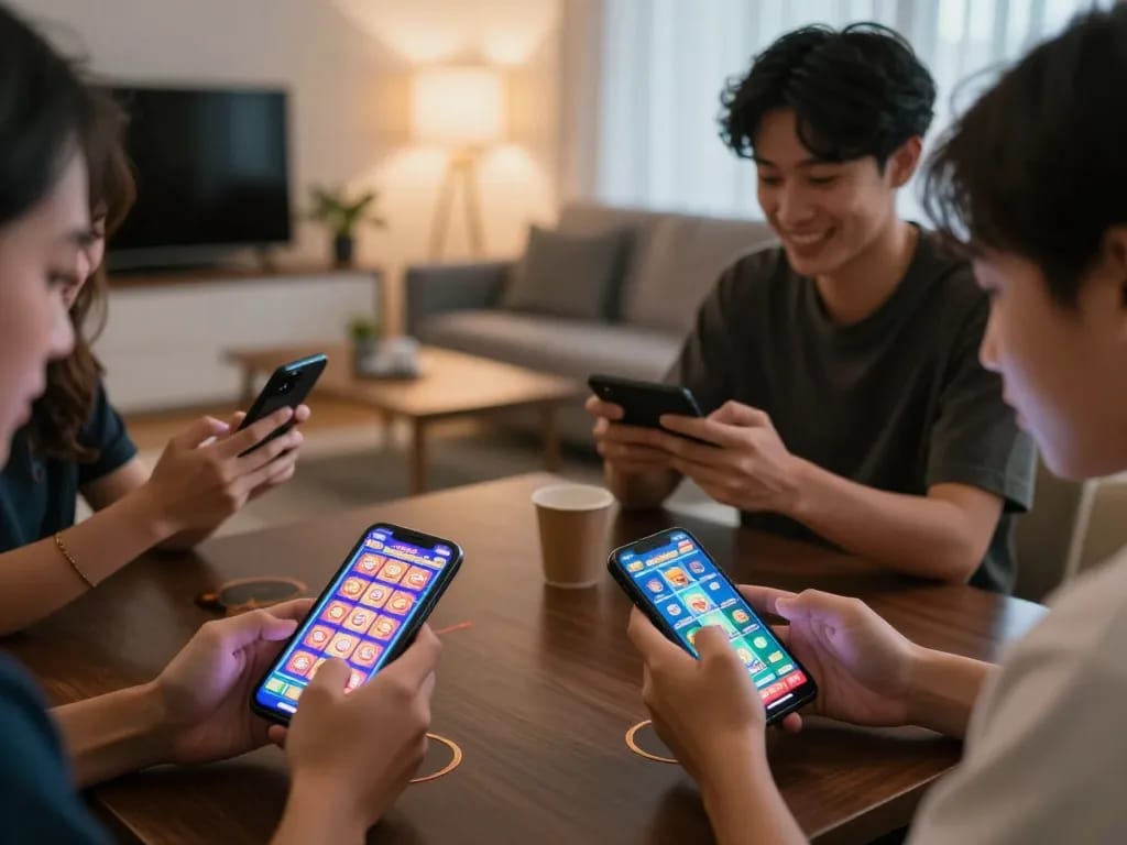 Engaging in slot gacor gaming on smartphones, showcasing lively online casino atmosphere.