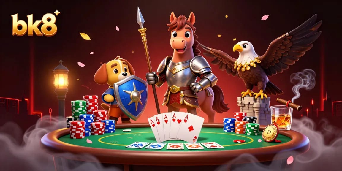Experience thrilling gameplay at bk8 with a medieval knight and his companions enjoying poker under cherry blossoms.
