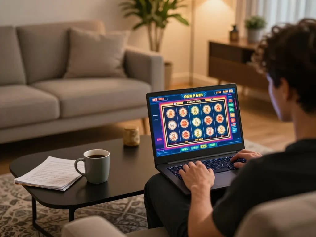 Player enjoying rik vip online slots at home with strategy notes and coffee