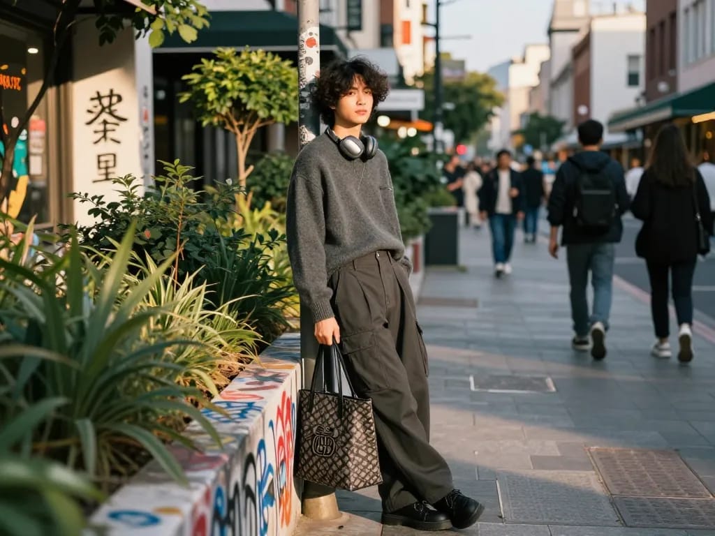 Urban fashion lifestyle scene with stylish jumper and tote bag from revelcollective.myshopify.com.