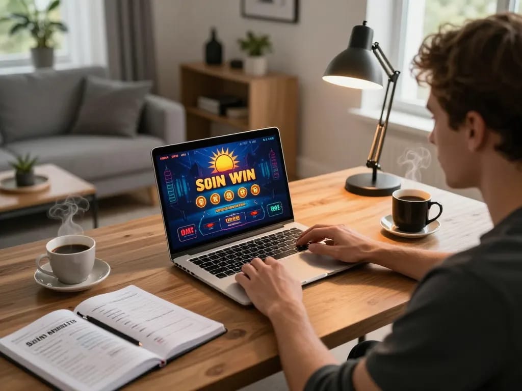 Engaged player using sun win online casino, focusing on gaming strategy with laptop in a cozy home setting.