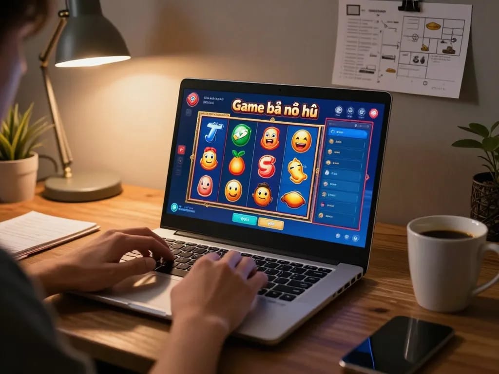 Engaging in Game bài nổ hũ online with a colorful slot screen and cozy home setup