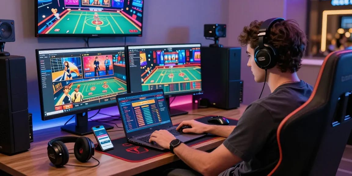 Player enjoying vibrant atmosphere of the best credit card casinos with modern gaming setup and lively screens.