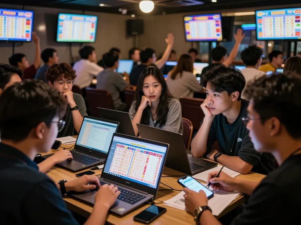 Players excitedly tracking HK Malam Ini lottery results in a lively betting lounge.