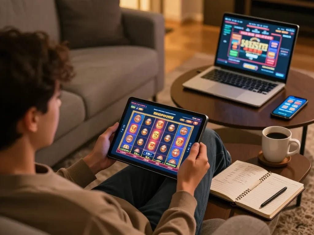 Sitting on a cozy sofa, enjoying situs slot gacor on a tablet while analyzing betting strategies.