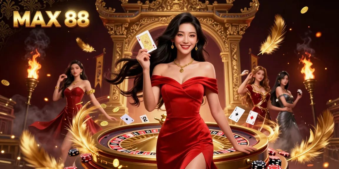 Experience the excitement of MAX 88 with a confident Asian woman holding playing cards by a golden roulette wheel.