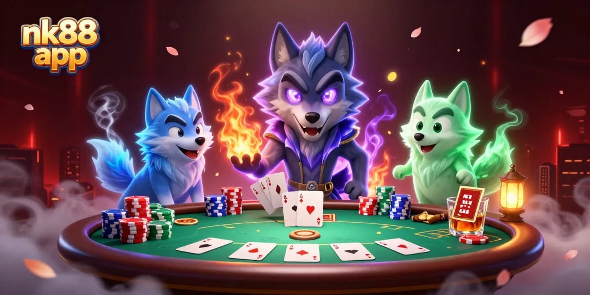 Play exciting games with nk88 app, showcasing wolf characters in a vibrant casino atmosphere.
