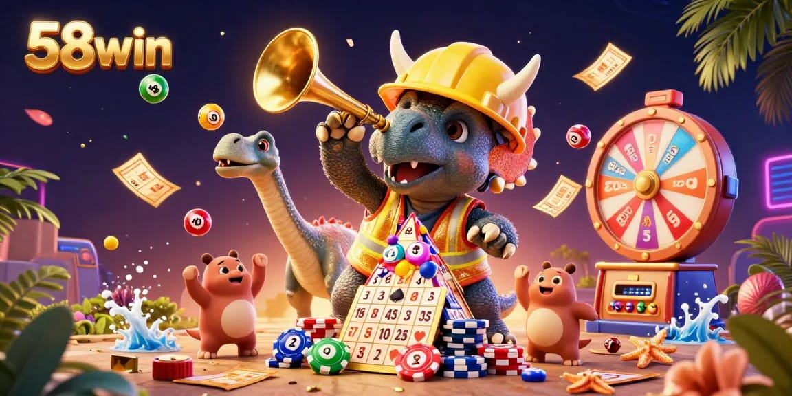 Engage in thrilling 58win experiences as triceratops builds poker chip pyramid, amidst vibrant casino elements.