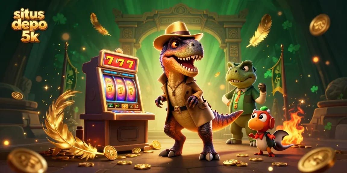 Permainan slot gacor di situs depo 5k dengan karakter dinosaurus, uang koin, dan suasana kasino yang hidup.